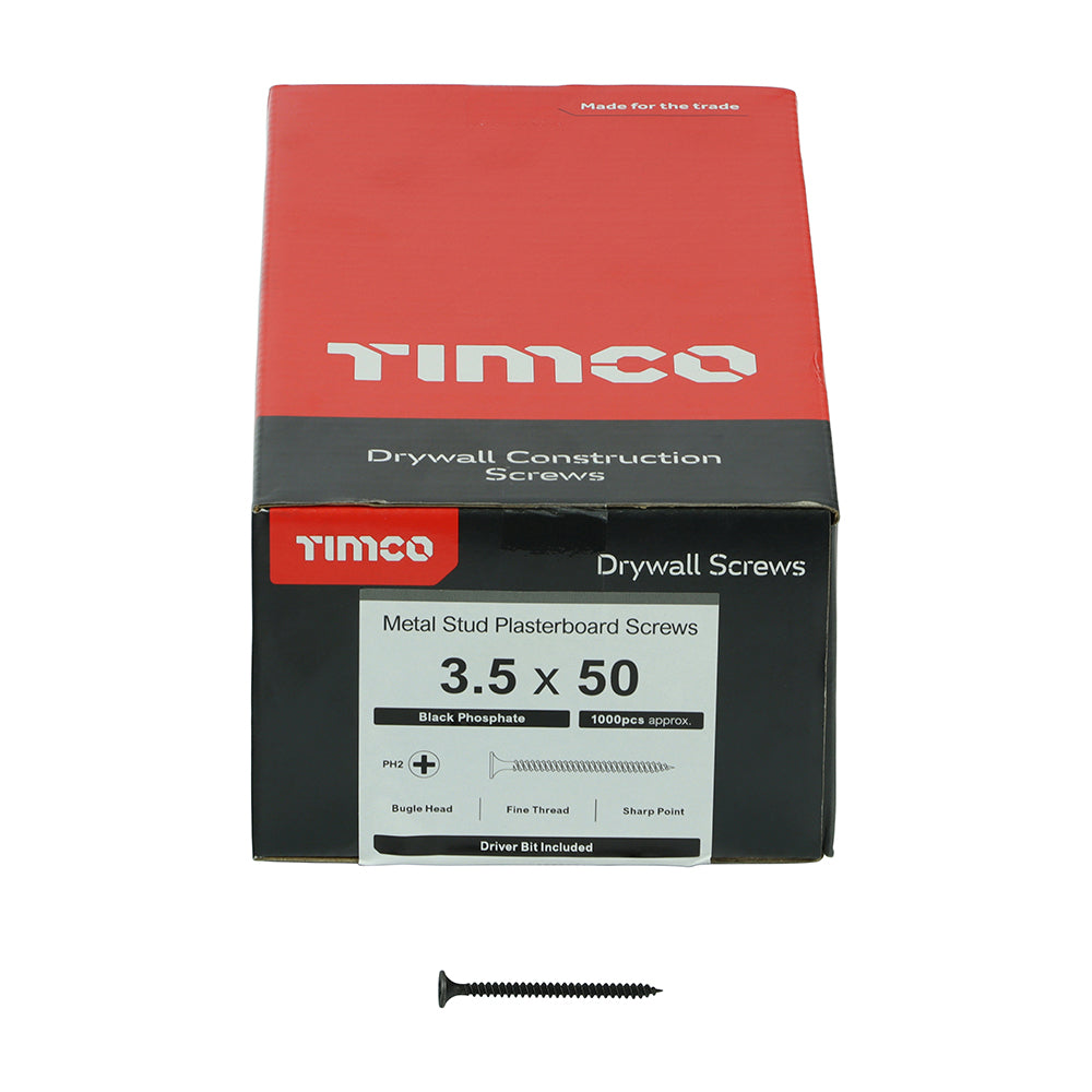 TIMCO Drywall Fine Thread Bugle Head Black Screws - 3.5 x 50 Box OF 1000 - 00050DRY