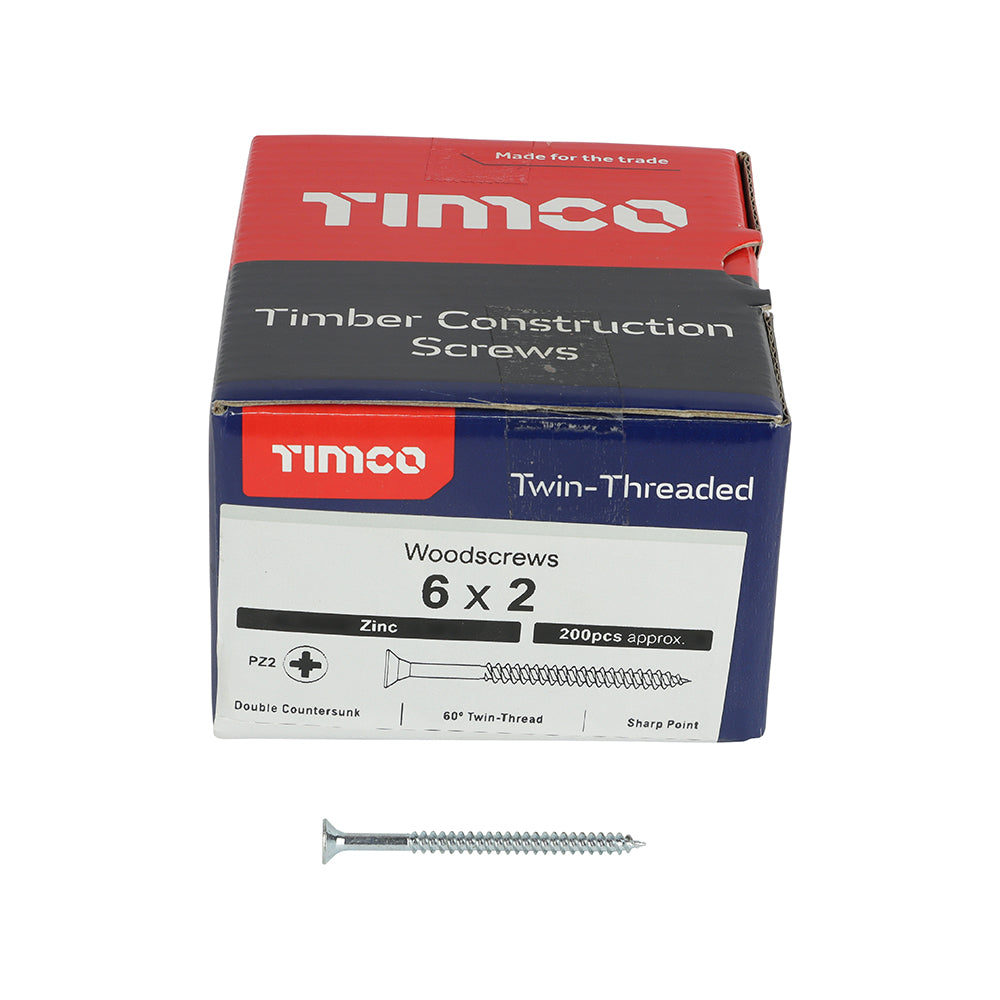 TIMCO Twin-Threaded Countersunk Silver Woodscrews - 6 x 2 Box OF 200 - 00062CWZ