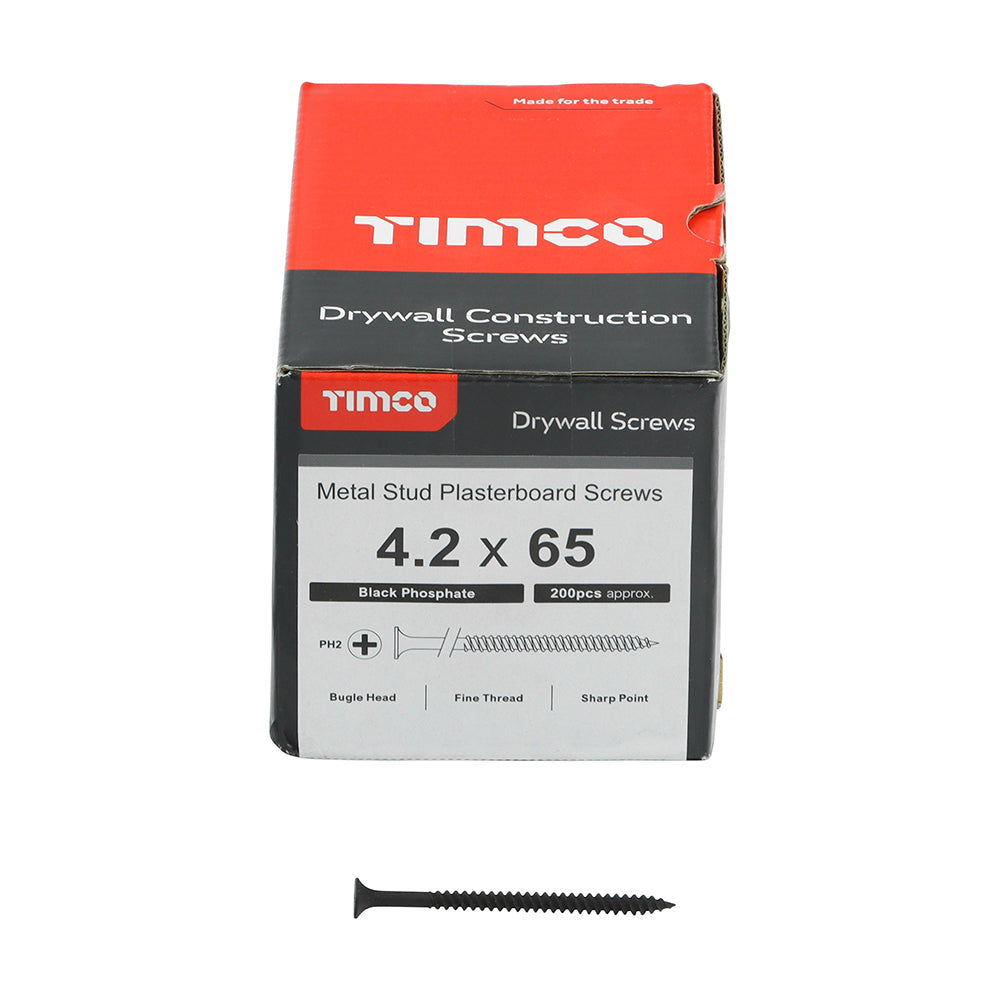 TIMCO Drywall Fine Thread Bugle Head Black Screws - 4.2 x 65 Box OF 200 - 00065DRYS