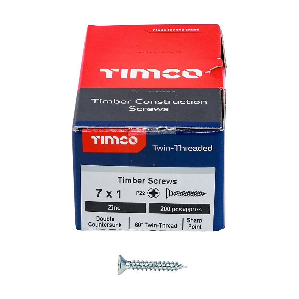 TIMCO Twin-Threaded Countersunk Silver Woodscrews - 7 x 1 Box OF 200 - 00071CWZ