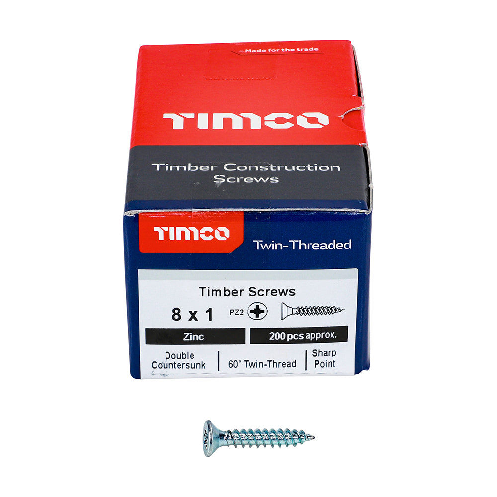 TIMCO Twin-Threaded Countersunk Silver Woodscrews - 8 x 1 Box OF 200 - 00081CWZ