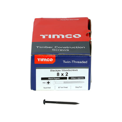 TIMCO Twin-Threaded Round Head Black Woodscrews - 8 x 2 Box OF 200 - 00082BJC