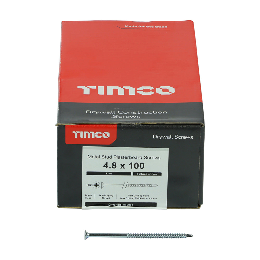 TIMCO Drywall Self-Drilling Bugle Head Silver Screws - 4.8 x 100 Box OF 500 - 00100PSDD
