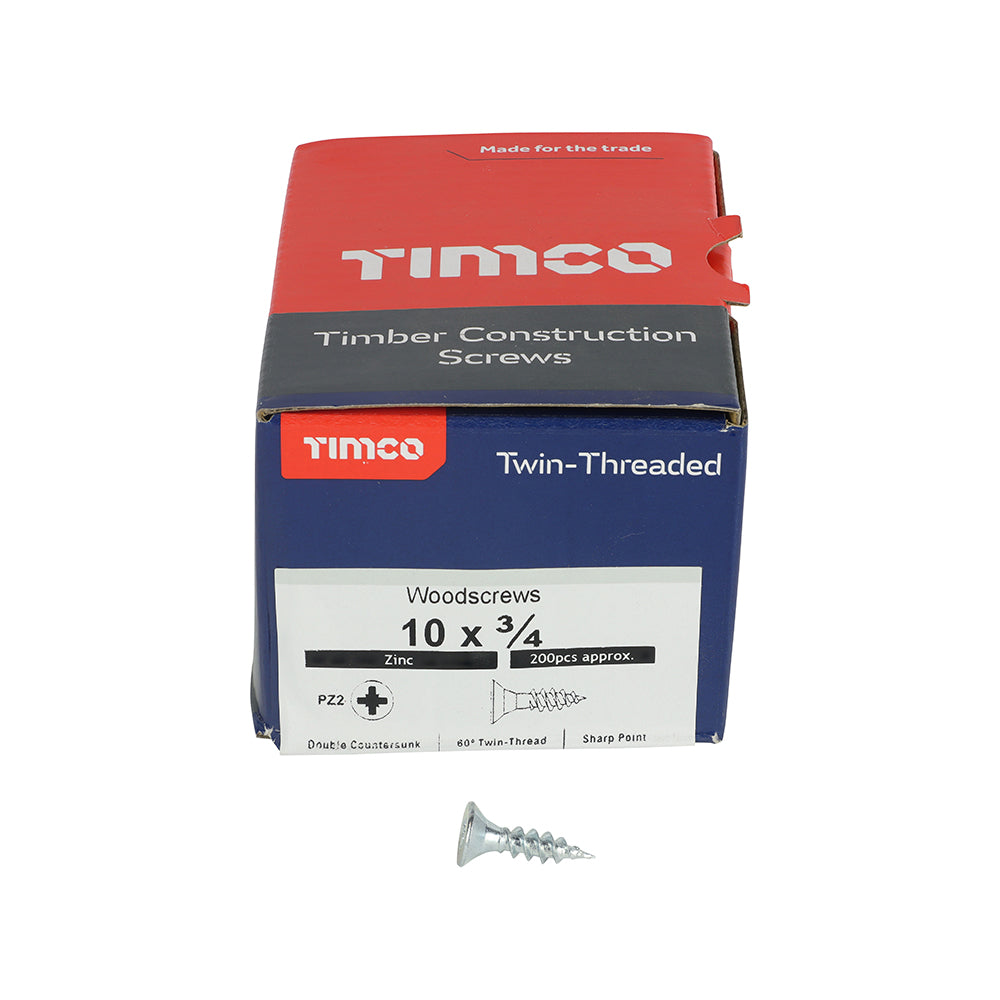 TIMCO Twin-Threaded Countersunk Silver Woodscrews - 10 x 3/4 Box OF 200 - 01034CWZ