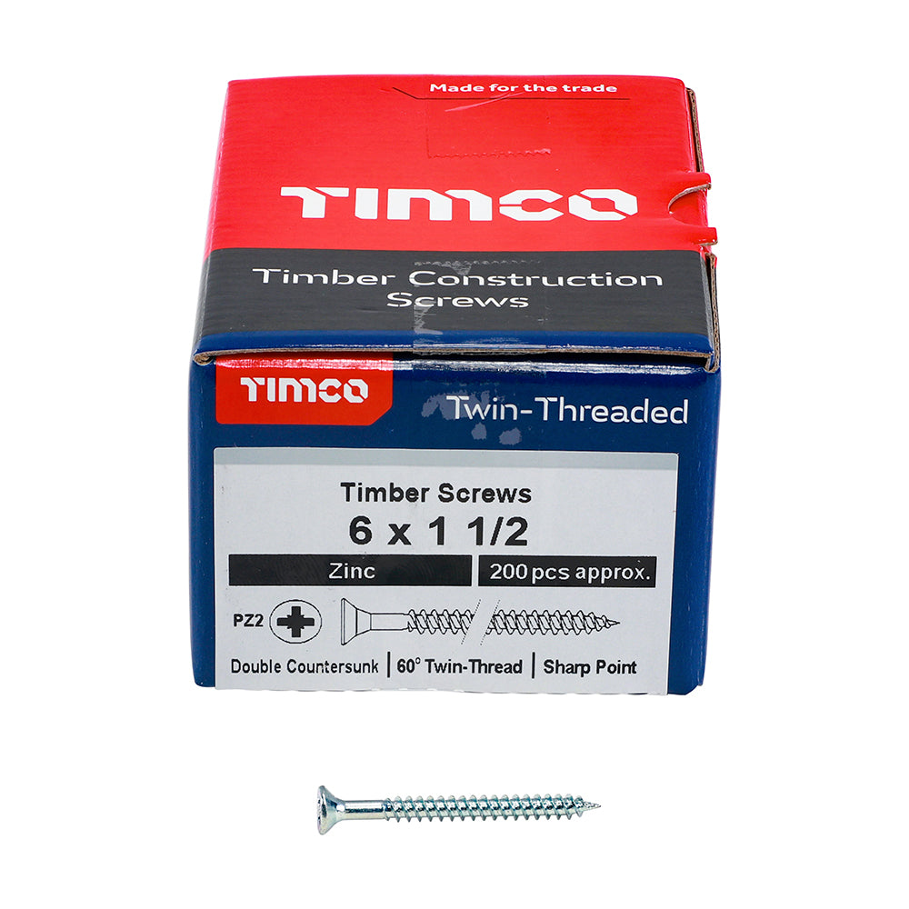 TIMCO Twin-Threaded Countersunk Silver Woodscrews - 6 x 1 1/2 Box OF 200 - 06112CWZ