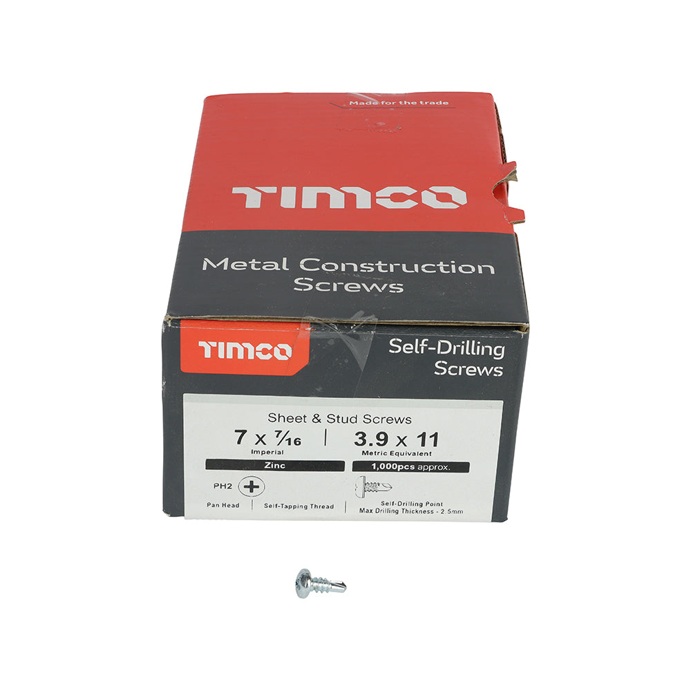 TIMCO Self-Drilling Metal Framing Pan Head Silver Screws - 7 x 7/16 Box OF 1000 - 07716PPSD