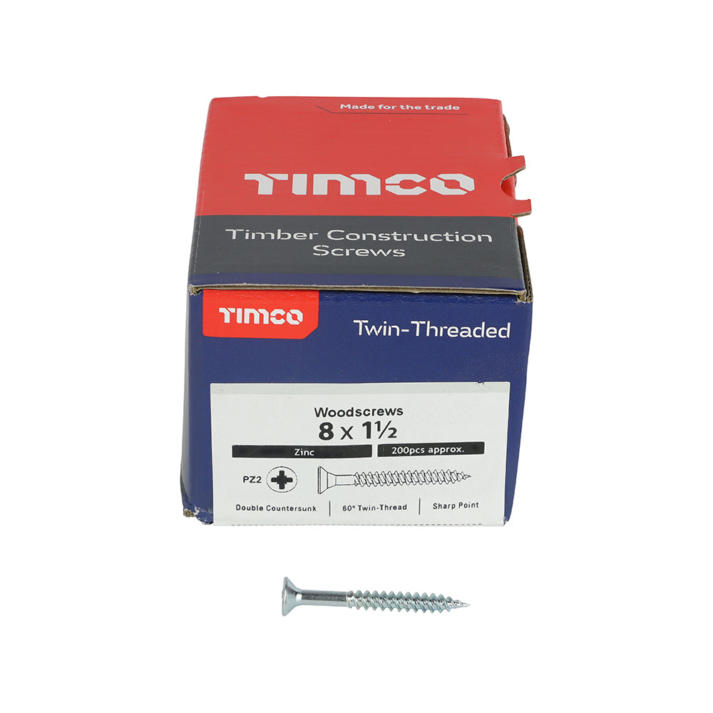 TIMCO Twin-Threaded Countersunk Silver Woodscrews - 8 x 1 1/2 Box OF 200 - 08112CWZ