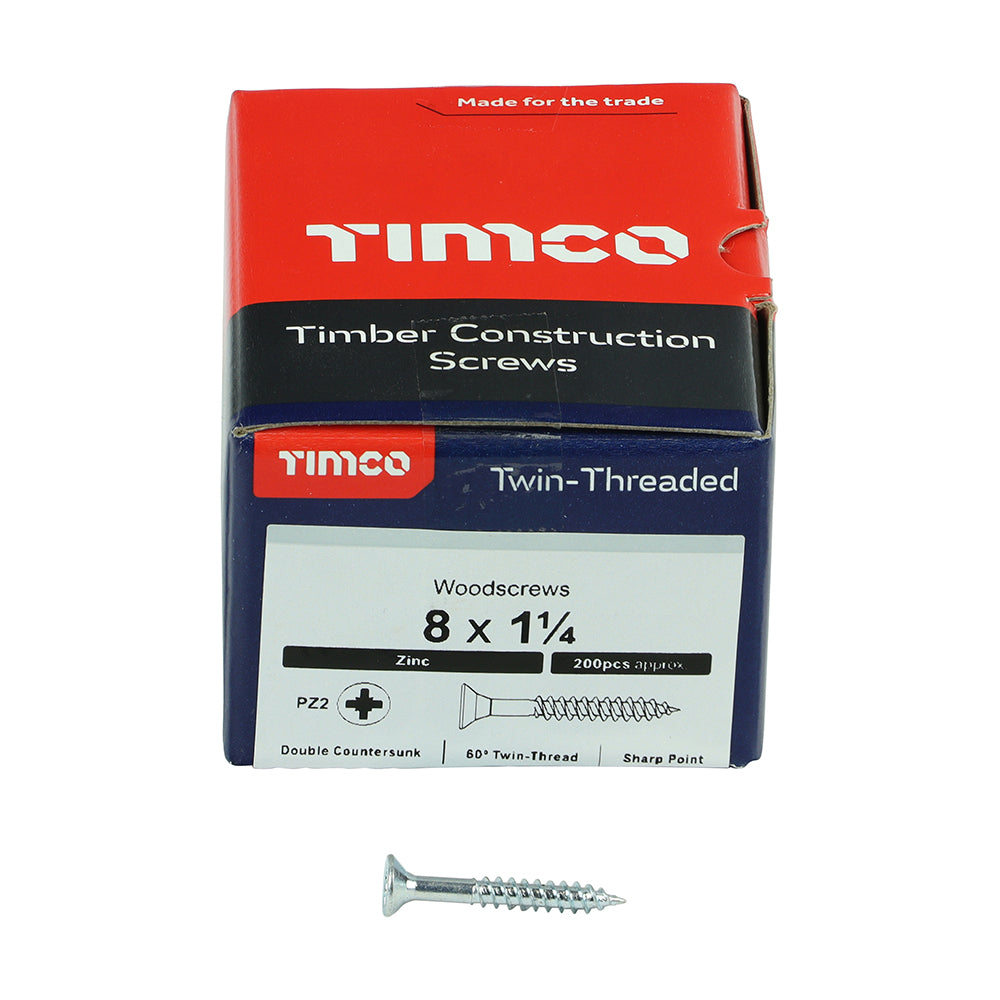 TIMCO Twin-Threaded Countersunk Silver Woodscrews - 8 x 1 1/4 Box OF 200 - 08114CWZ
