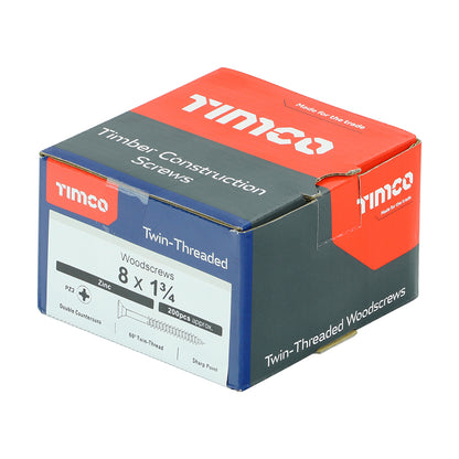 TIMCO Twin-Threaded Countersunk Silver Woodscrews - 8 x 1 3/4 Box OF 200 - 08134CWZ