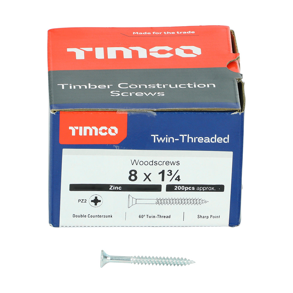 TIMCO Twin-Threaded Countersunk Silver Woodscrews - 8 x 1 3/4 Box OF 200 - 08134CWZ