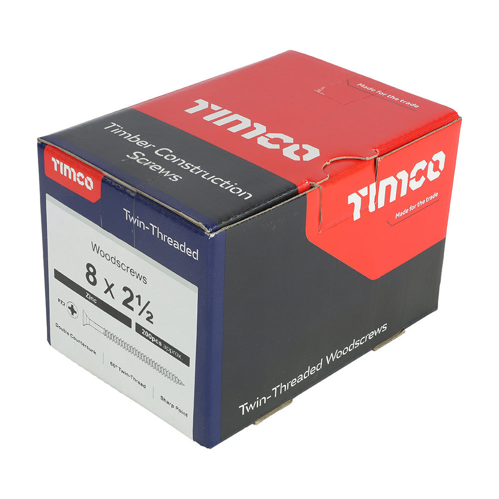 TIMCO Twin-Threaded Countersunk Silver Woodscrews - 8 x 2 1/2 Box OF 200 - 08212CWZ