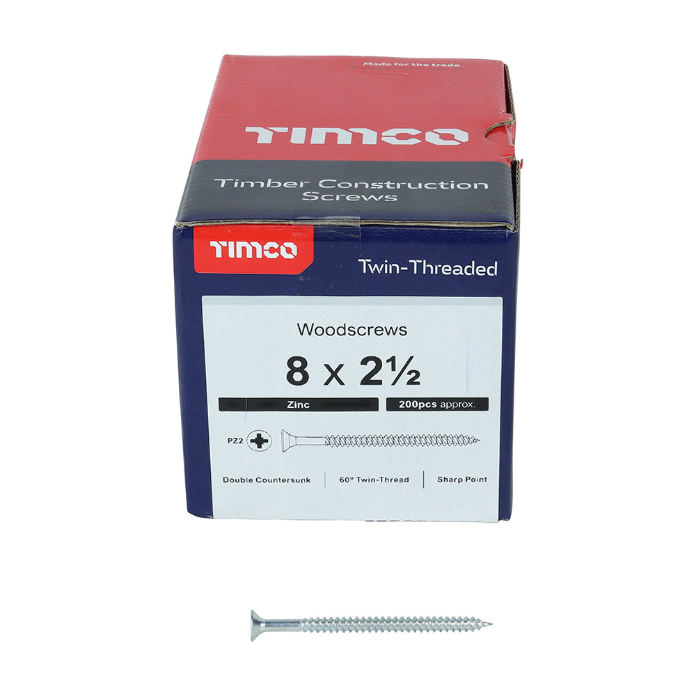 TIMCO Twin-Threaded Countersunk Silver Woodscrews - 8 x 2 1/2 Box OF 200 - 08212CWZ