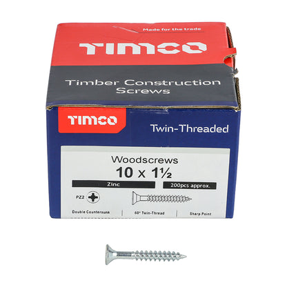 TIMCO Twin-Threaded Countersunk Silver Woodscrews - 10 x 1 1/2 Box OF 200 - 10112CWZ