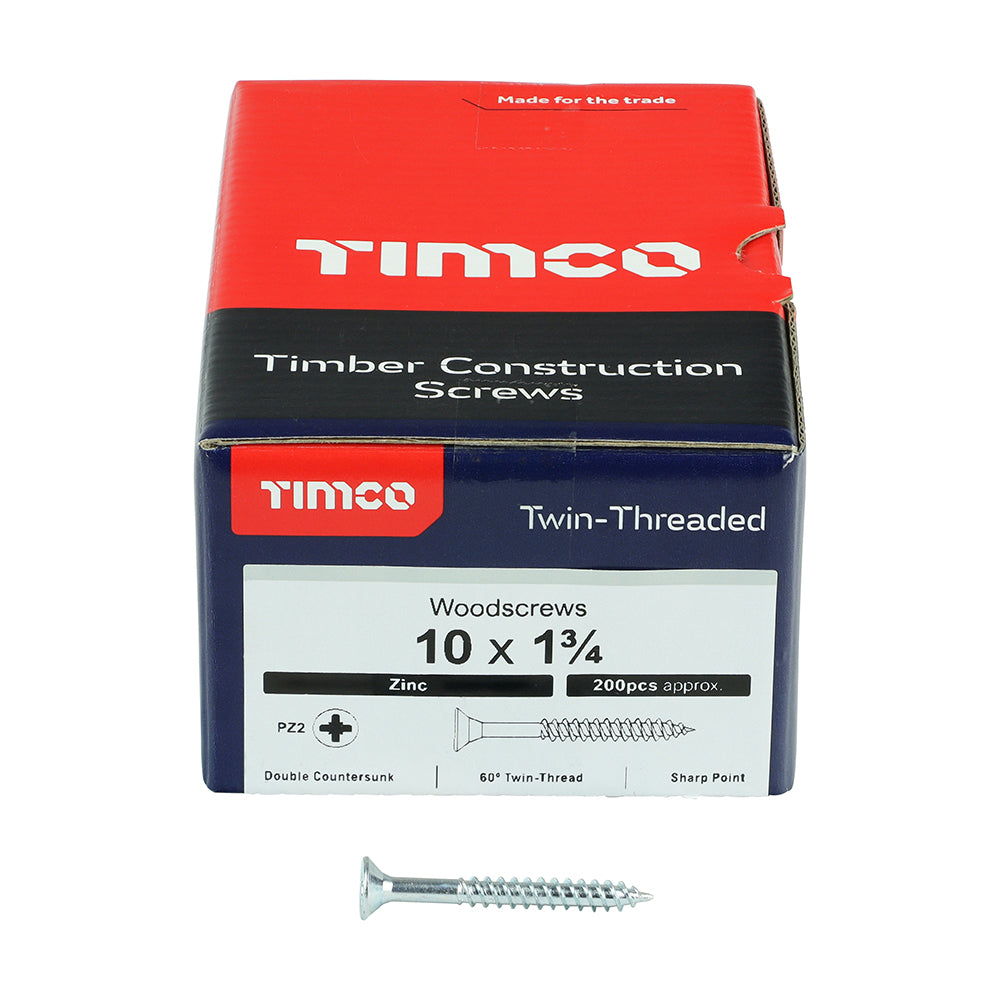 TIMCO Twin-Threaded Countersunk Silver Woodscrews - 10 x 1 3/4 Box OF 200 - 10134CWZ