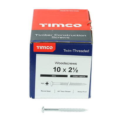 TIMCO Twin-Threaded Round Head Silver Woodscrews - 10 x 21/2 Box OF 200 - 10212CRWZ