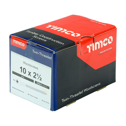 TIMCO Twin-Threaded Countersunk Silver Woodscrews - 10 x 2 1/2 Box OF 200 - 10212CWZ