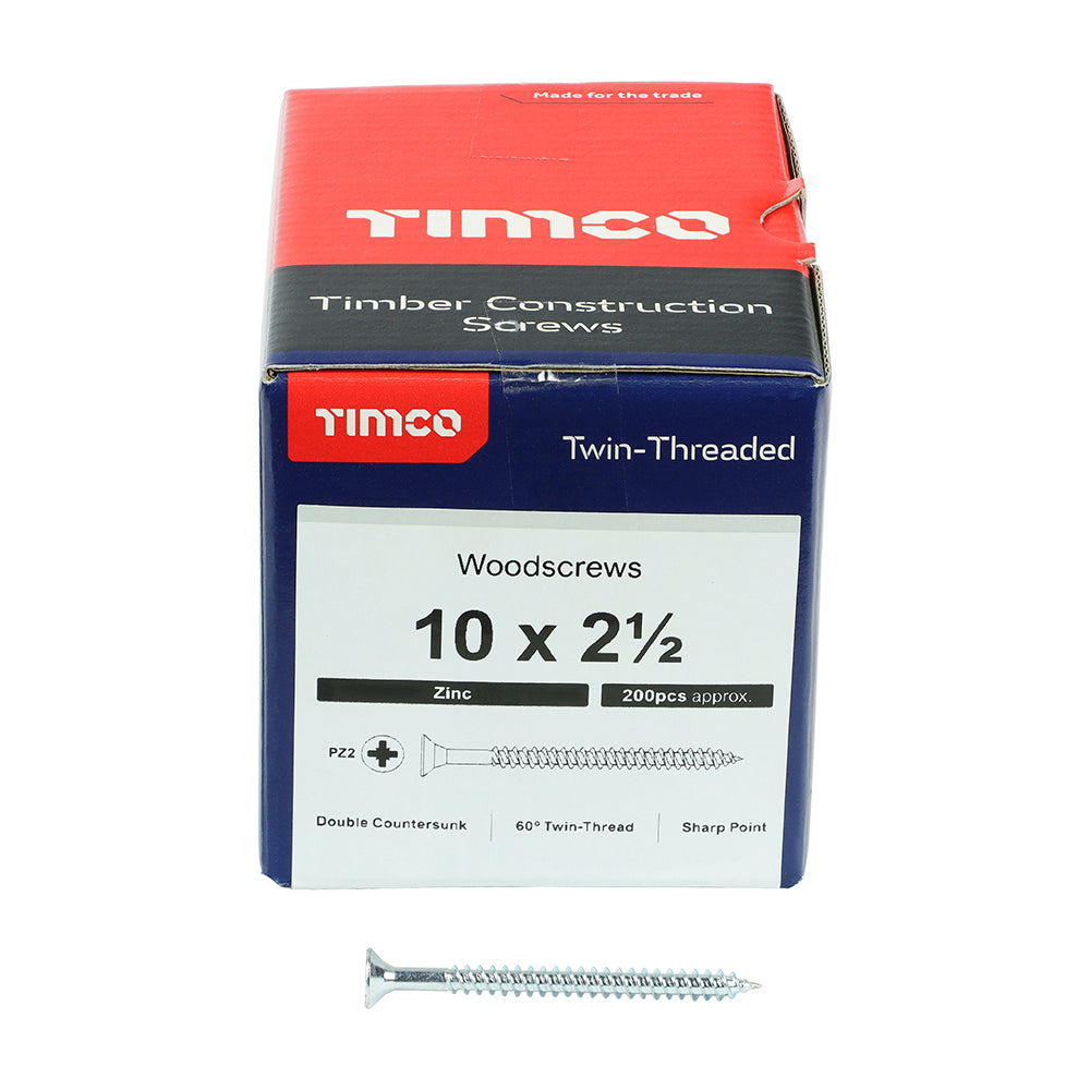 TIMCO Twin-Threaded Countersunk Silver Woodscrews - 10 x 2 1/2 Box OF 200 - 10212CWZ
