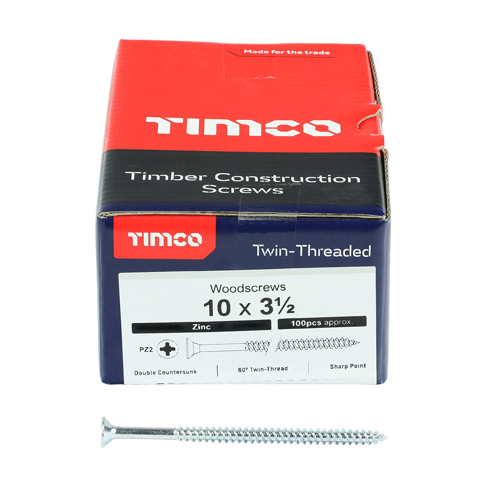 TIMCO Twin-Threaded Countersunk Silver Woodscrews - 10 x 3 1/2 Box OF 100 - 10312CWZ