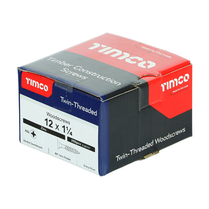TIMCO Twin-Threaded Countersunk Silver Woodscrews - 12 x 1 1/4 Box OF 200 - 12114CWZ