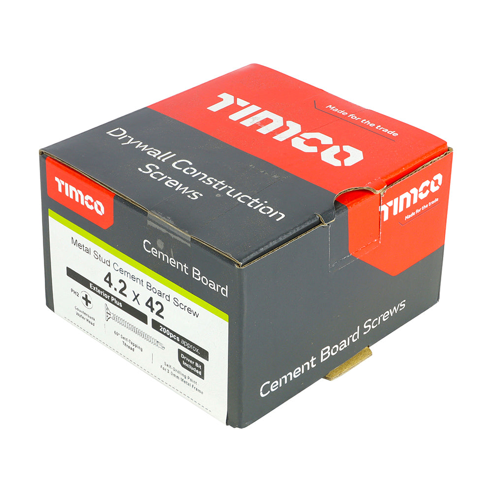 TIMCO Self-Drilling Cement Board Countersunk Exterior Silver Screws - 4.2 x 42 Box OF 200 - 217228