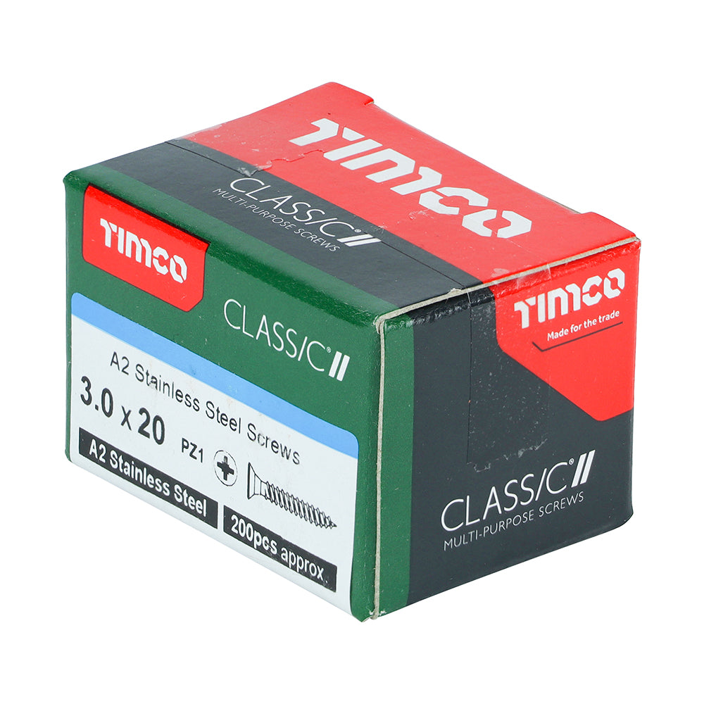 TIMCO Classic Multi-Purpose Countersunk A2 Stainless Steel Woodcrews - 3.0 x 20 Box OF 200 - 30020CLASS