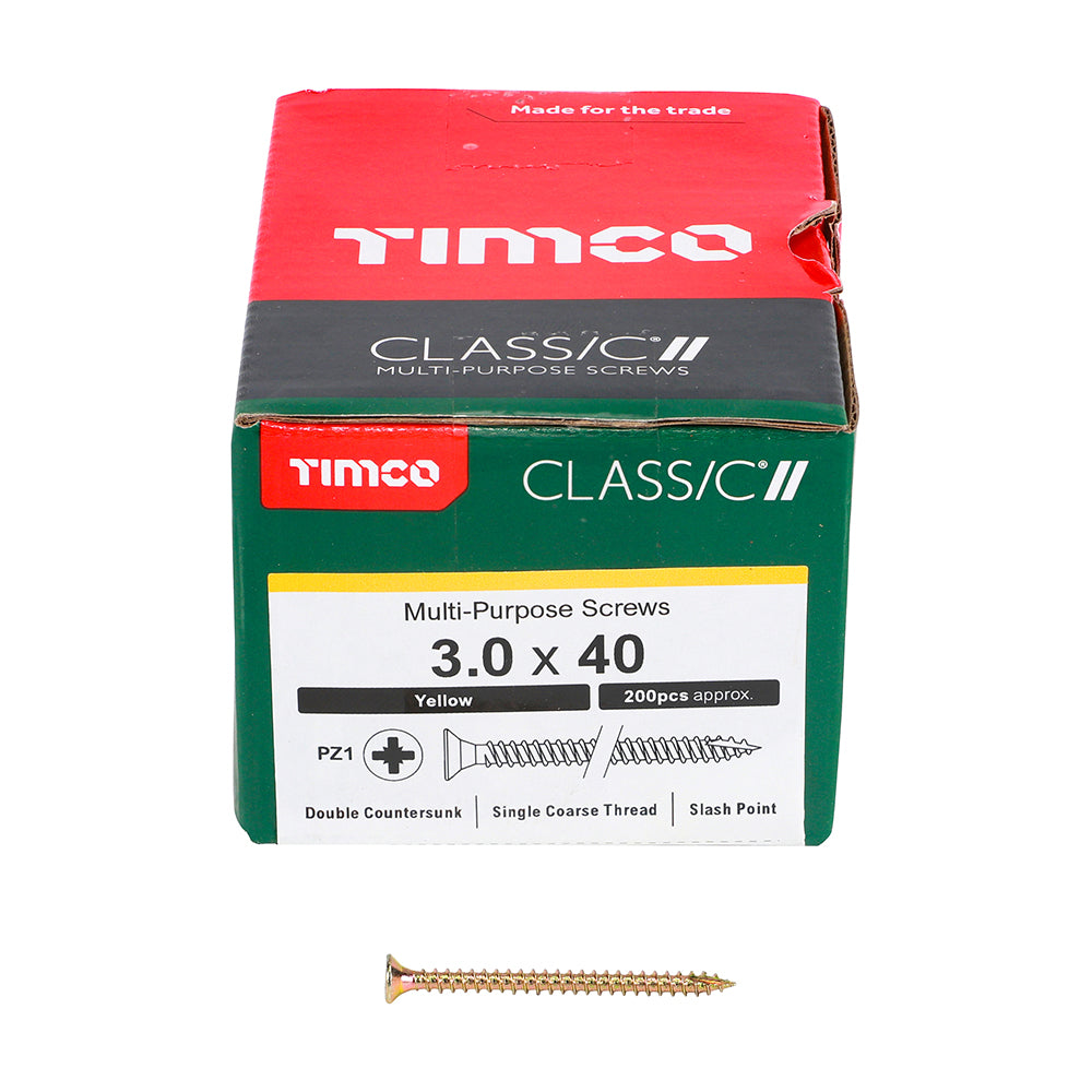 TIMCO Classic Multi-Purpose Countersunk Gold Woodscrews - 3.0 x 40 Box OF 200 - 30040CLAF