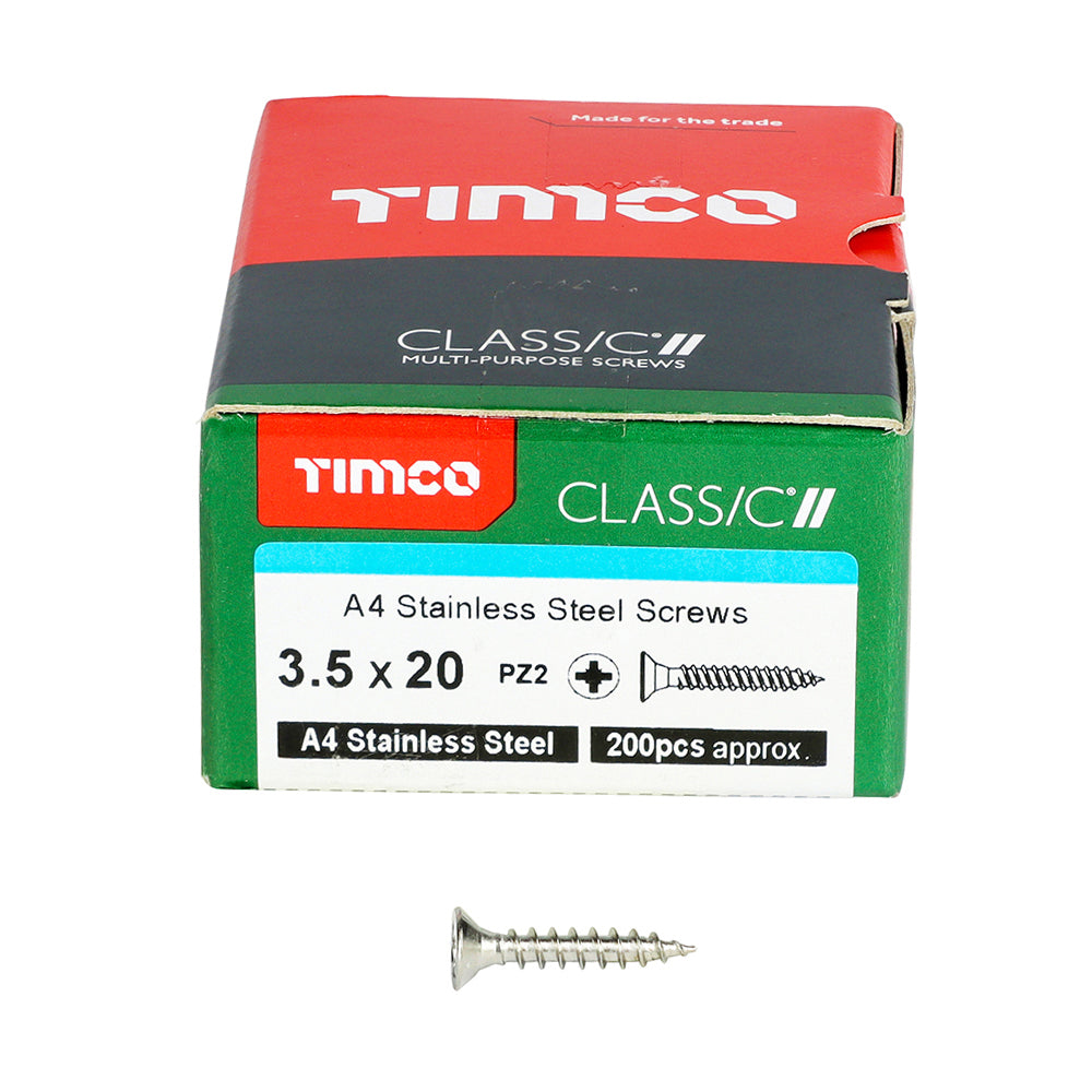 TIMCO Classic Multi-Purpose Countersunk A4 Stainless Steel Woodcrews - 3.5 x 20 Box OF 200 - 35020CLA4
