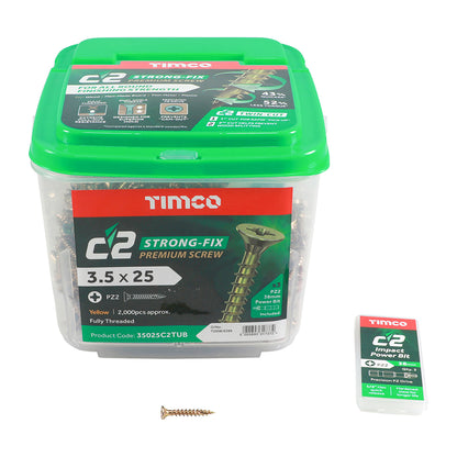 TIMCO C2 Strong-Fix Multi-Purpose Premium Countersunk Gold Woodscrews - 3.5 x 25 Tub OF 2000 - 35025C2TUB