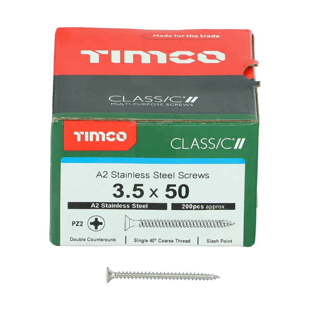 TIMCO Classic Multi-Purpose Countersunk A2 Stainless Steel Woodcrews - 3.5 x 50 Box OF 200 - 35050CLASS