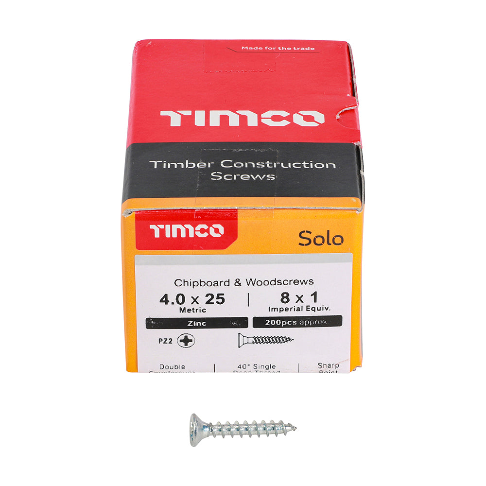 TIMCO Solo Countersunk Silver Woodscrews - 4.0 x 25 Box OF 200 - 40025SOLOZ