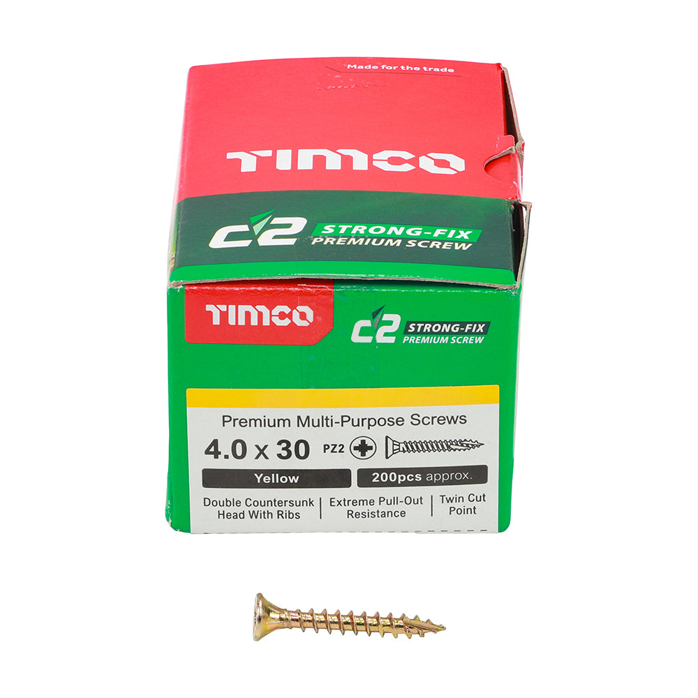 TIMCO C2 Strong-Fix Multi-Purpose Premium Countersunk Gold Woodscrews - 4.0 x 30 Box OF 200 - 40030C2
