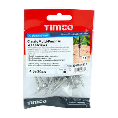 TIMCO Classic Multi-Purpose Countersunk A2 Stainless Steel Woodcrews - 4.0 x 30 TIMpac OF 20 - 40030CHSSP