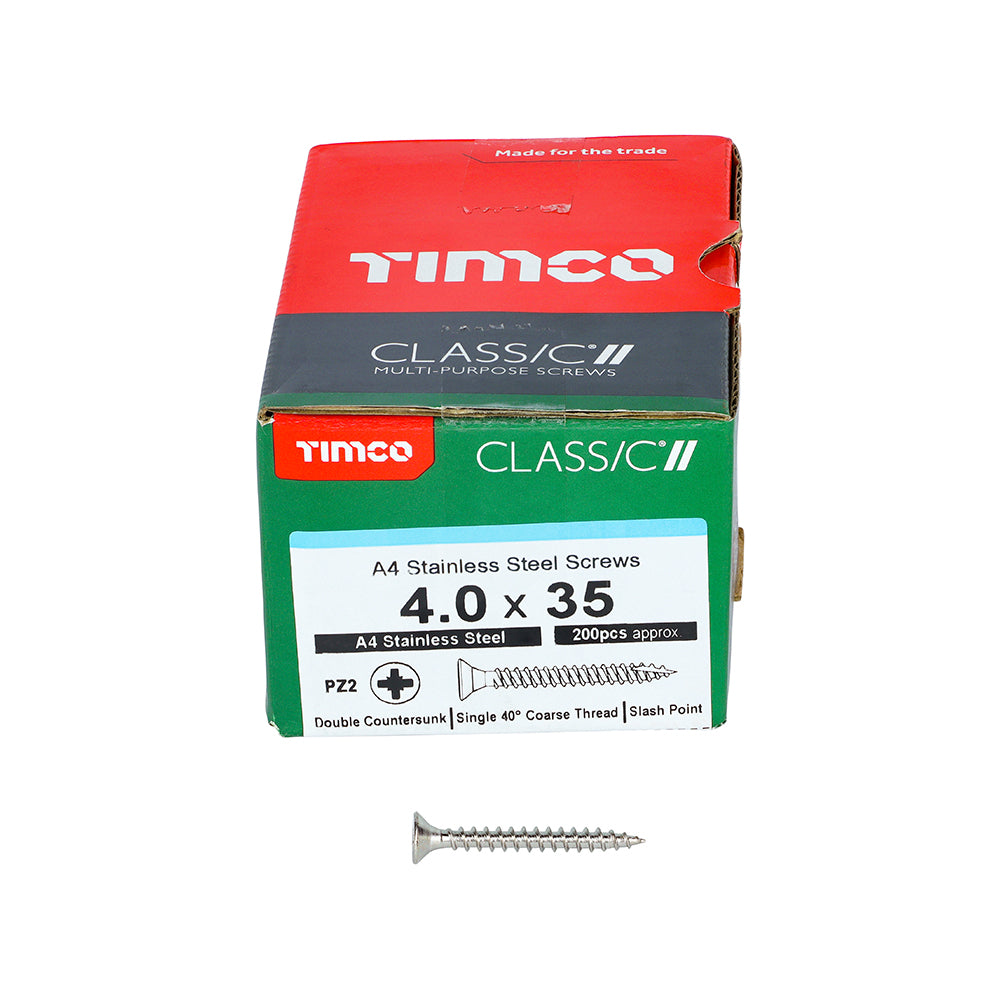 TIMCO Classic Multi-Purpose Countersunk A4 Stainless Steel Woodcrews - 4.0 x 35 Box OF 200 - 40035CLA4
