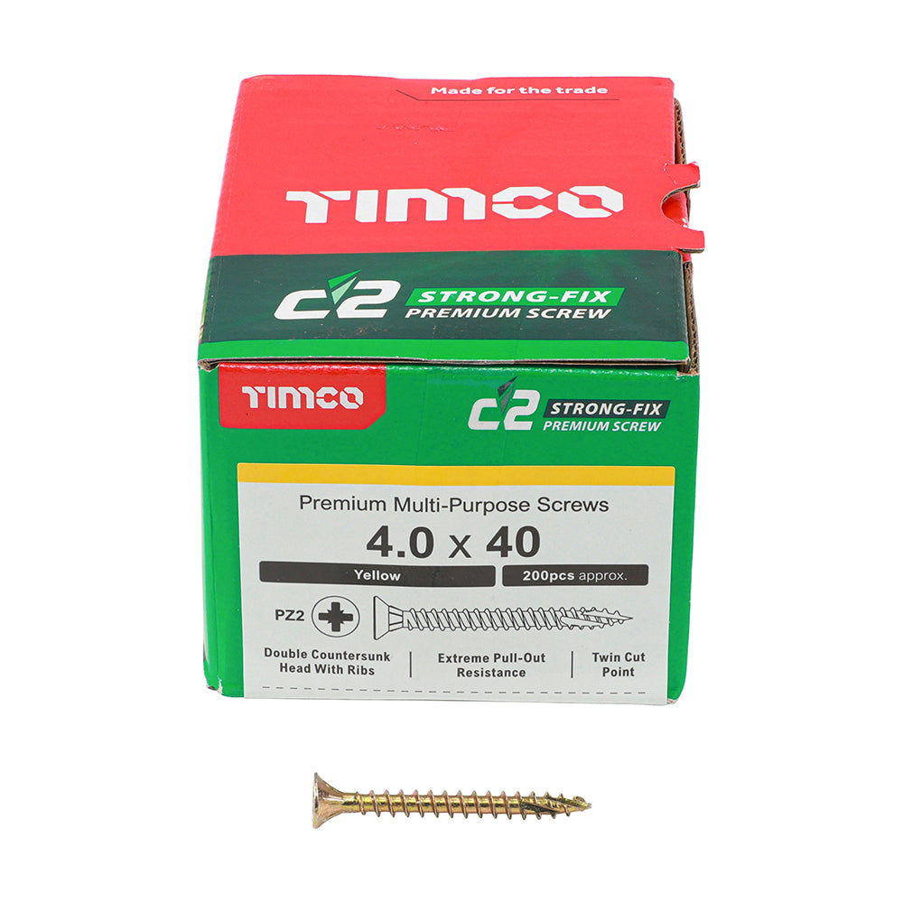 TIMCO C2 Strong-Fix Multi-Purpose Premium Countersunk Gold Woodscrews - 4.0 x 40 Box OF 200 - 40040C2