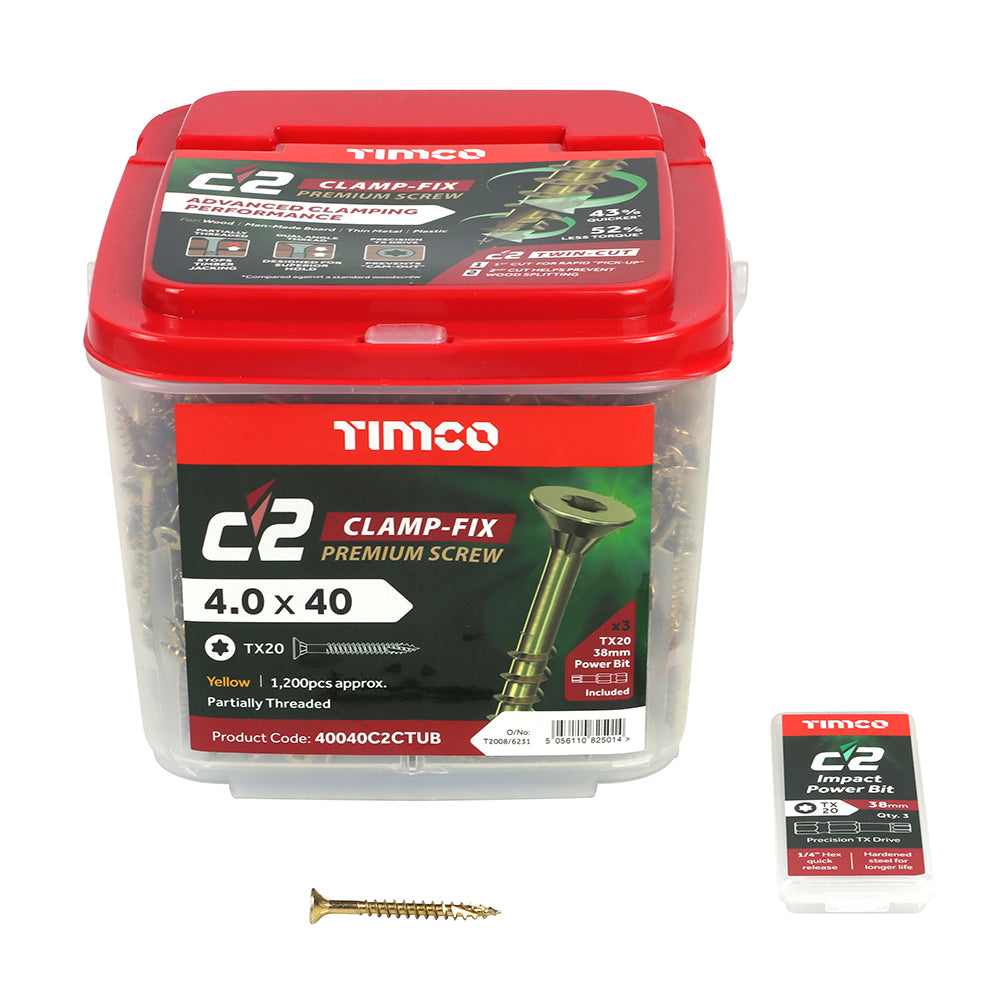 TIMCO C2 Clamp-Fix Multi-Purpose Premium Countersunk Gold Woodscrews - 4.0 x 40 Tub OF 1200 - 40040C2CTUB