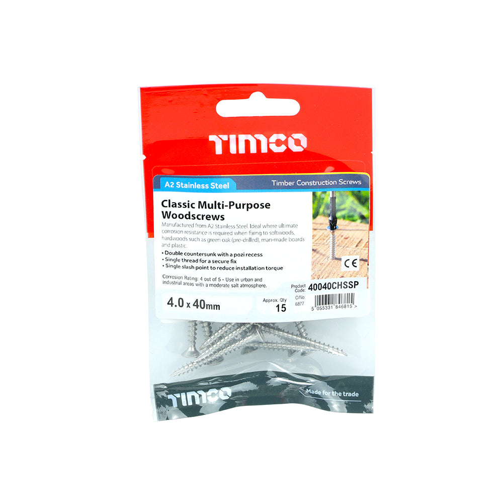 TIMCO Classic Multi-Purpose Countersunk A2 Stainless Steel Woodcrews - 4.0 x 40 TIMpac OF 15 - 40040CHSSP