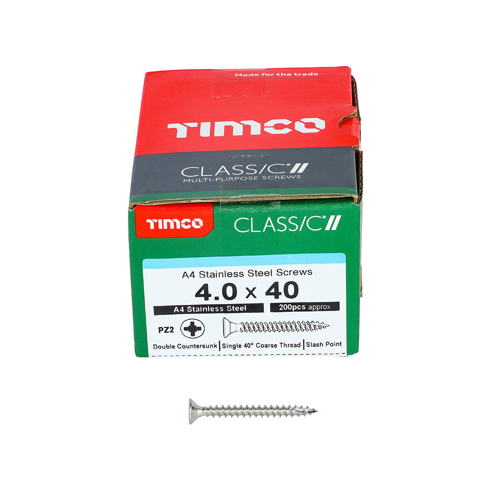 TIMCO Classic Multi-Purpose Countersunk A4 Stainless Steel Woodcrews - 4.0 x 40 Box OF 200 - 40040CLA4