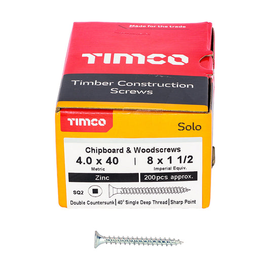 TIMCO Solo Countersunk Silver Woodscrews - 4.0 x 40 Box OF 200 - 40040SQSZ