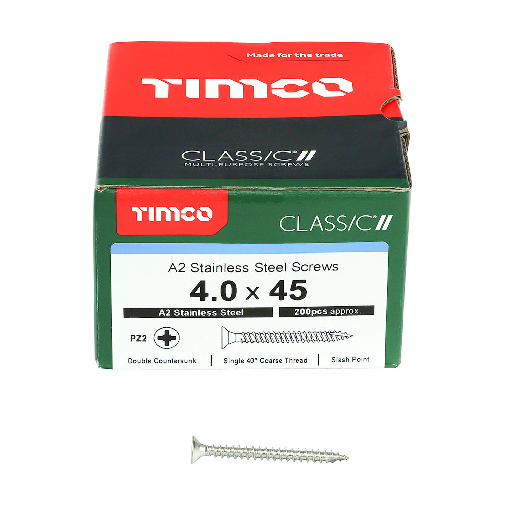 TIMCO Classic Multi-Purpose Countersunk A2 Stainless Steel Woodcrews - 4.0 x 45 Box OF 200 - 40045CLASS