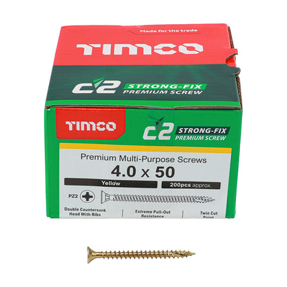 TIMCO C2 Strong-Fix Multi-Purpose Premium Countersunk Gold Woodscrews - 4.0 x 50 Box OF 200 - 40050C2