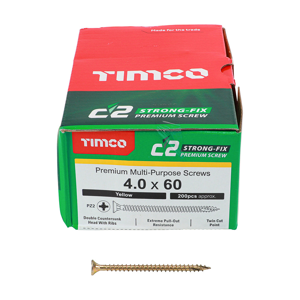 TIMCO C2 Strong-Fix Multi-Purpose Premium Countersunk Gold Woodscrews - 4.0 x 60 Box OF 200 - 40060C2