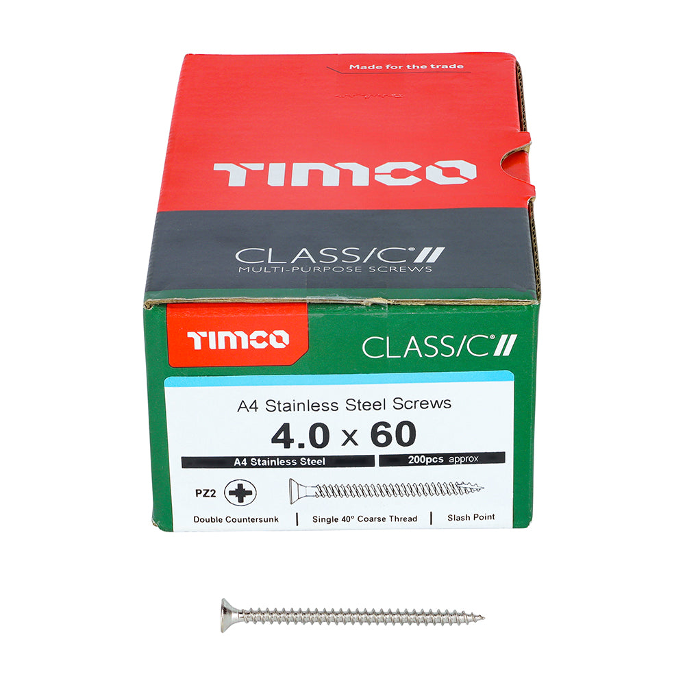 TIMCO Classic Multi-Purpose Countersunk A4 Stainless Steel Woodcrews - 4.0 x 60 Box OF 200 - 40060CLA4