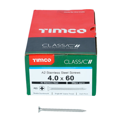 TIMCO Classic Multi-Purpose Countersunk A2 Stainless Steel Woodcrews - 4.0 x 60 Box OF 200 - 40060CLASS