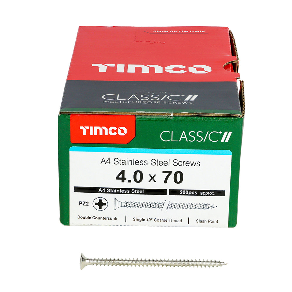 TIMCO Classic Multi-Purpose Countersunk A4 Stainless Steel Woodcrews - 4.0 x 70 Box OF 200 - 40070CLA4