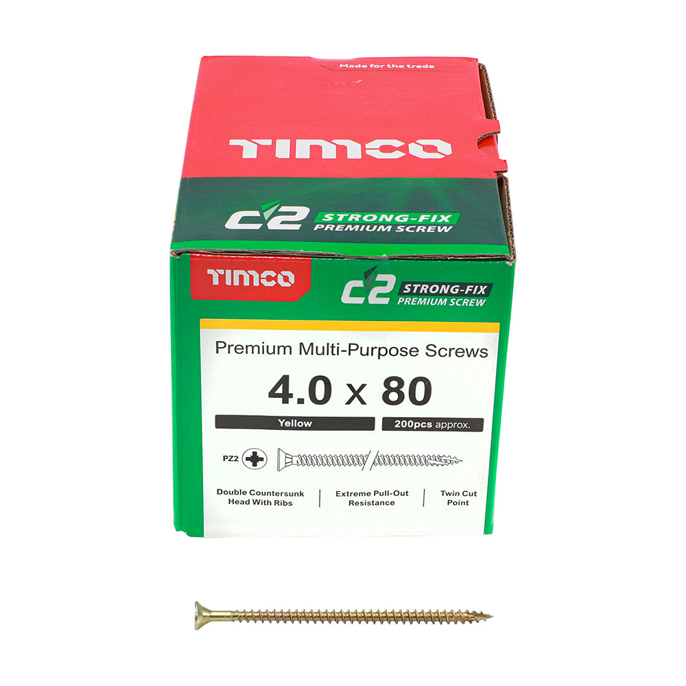 TIMCO C2 Strong-Fix Multi-Purpose Premium Countersunk Gold Woodscrews - 4.0 x 80 Box OF 200 - 40080C2