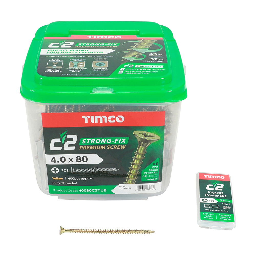 TIMCO C2 Strong-Fix Multi-Purpose Premium Countersunk Gold Woodscrews - 4.0 x 80 Tub OF 400 - 40080C2TUB