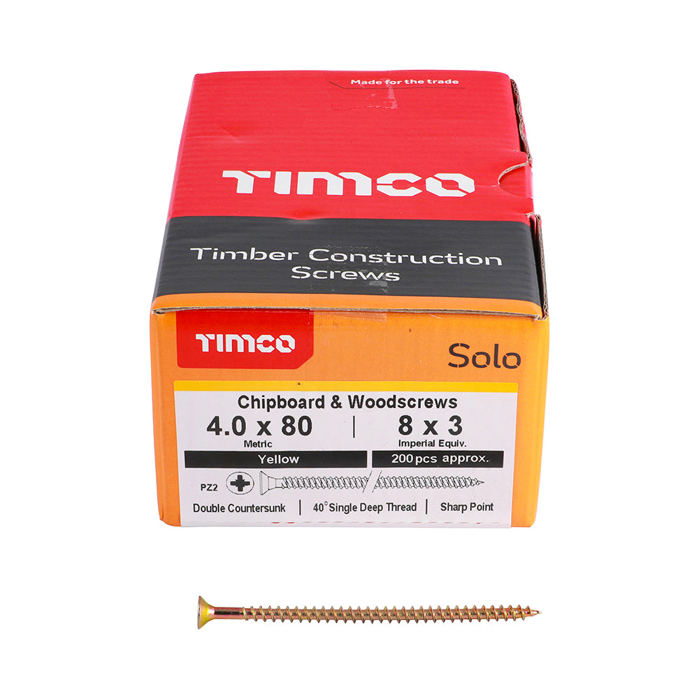TIMCO Solo Countersunk Gold Woodscrews - 4.0 x 80 Box OF 200 - 40080SOLOC