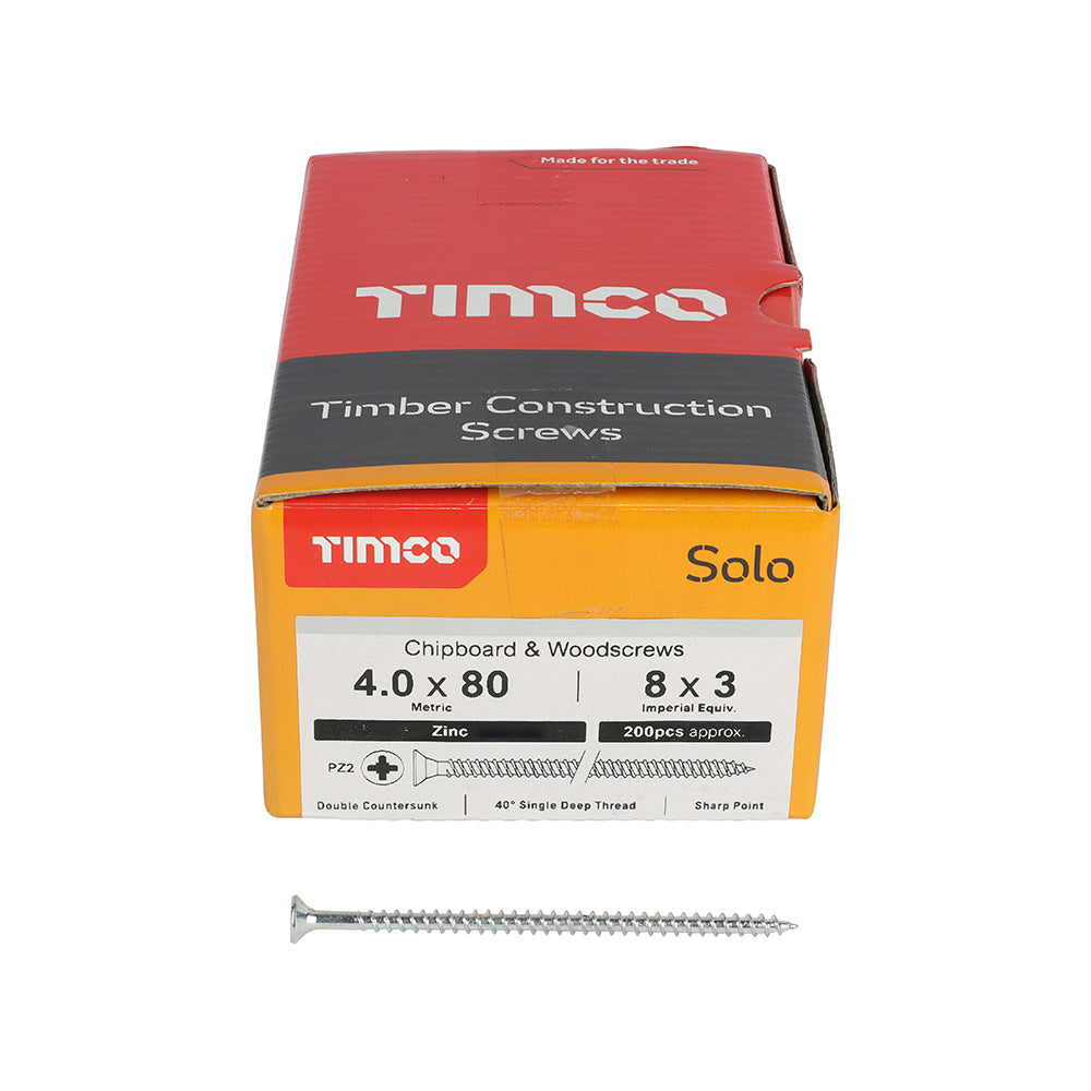 TIMCO Solo Countersunk Silver Woodscrews - 4.0 x 80 Box OF 200 - 40080SOLOZ