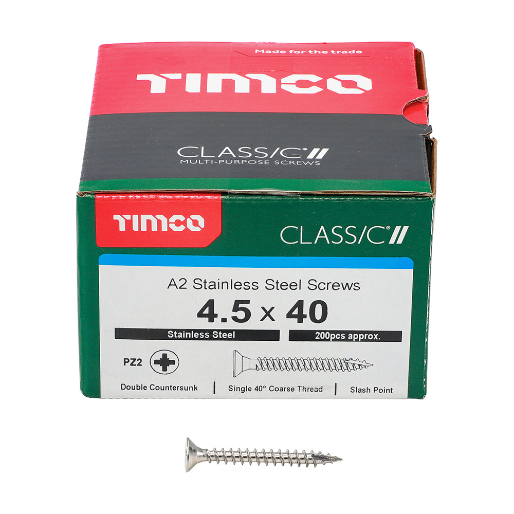 TIMCO Classic Multi-Purpose Countersunk A2 Stainless Steel Woodcrews - 4.5 x 40 Box OF 200 - 45040CLASS