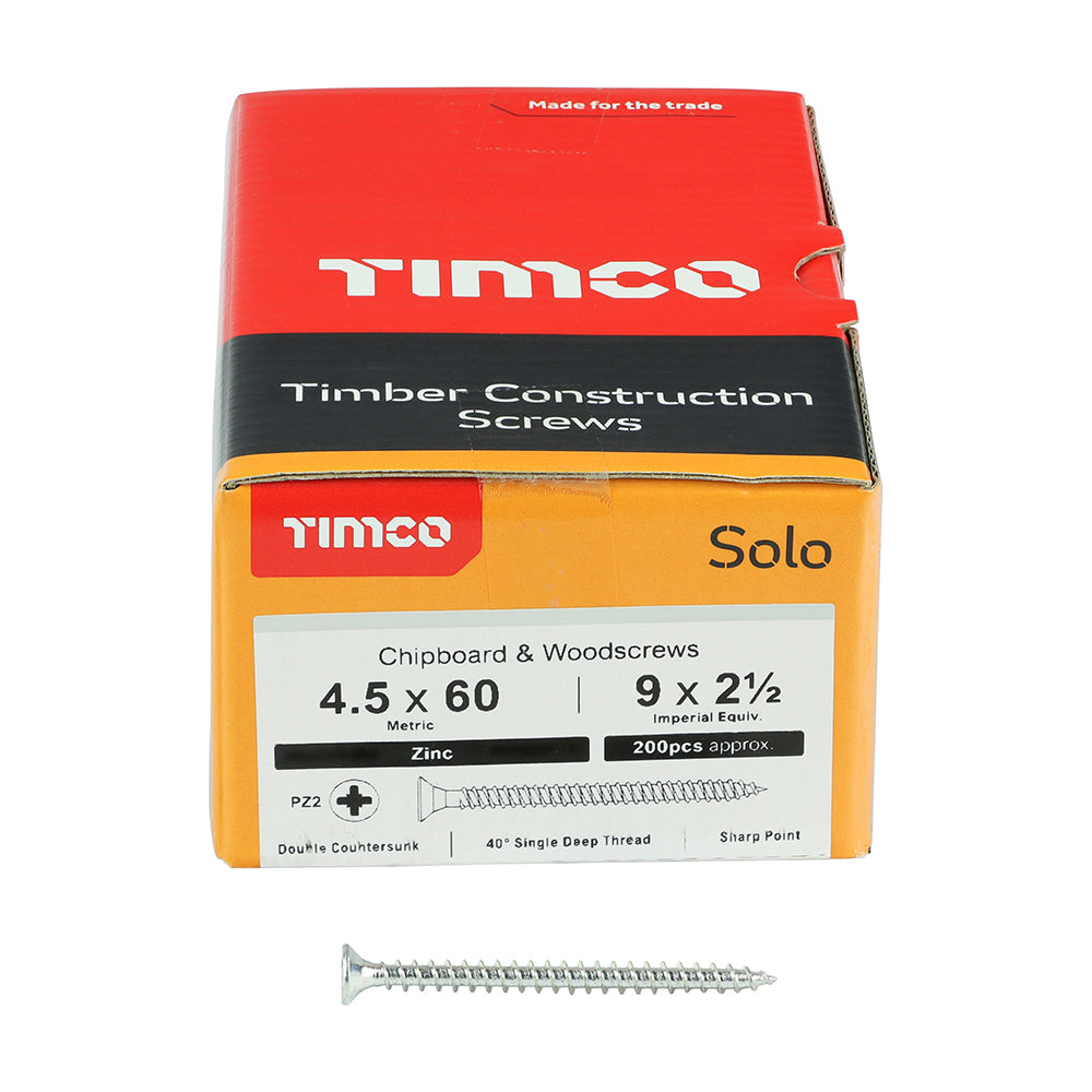 TIMCO Solo Countersunk Silver Woodscrews - 4.5 x 60 Box OF 200 - 45060SOLOZ